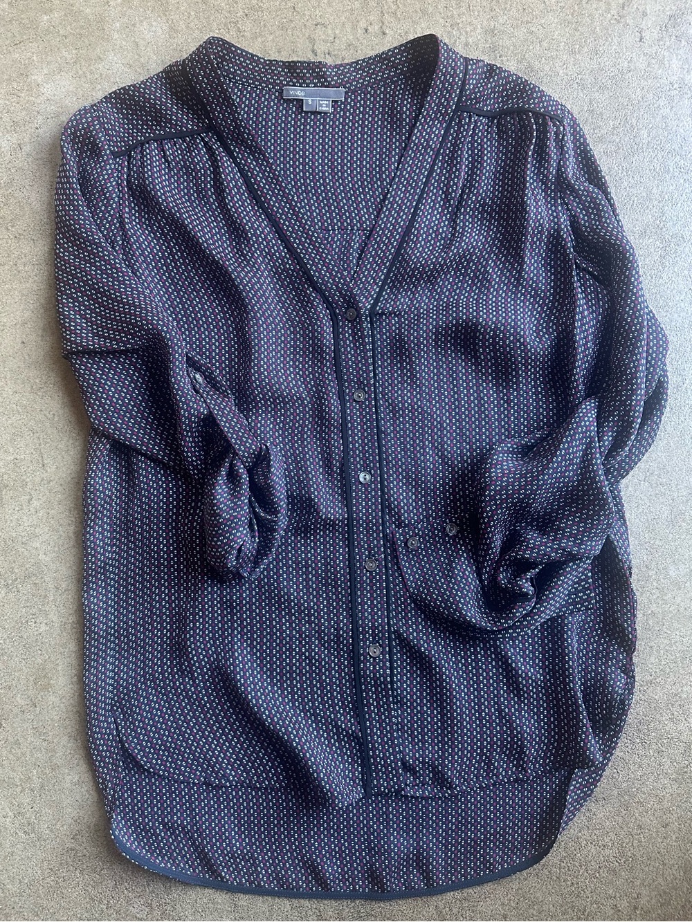Vince Navy Long Sleeve Silk Shirt with Red & White Microprint